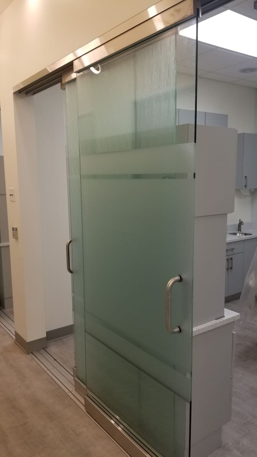 Close view of a sliding glass office door