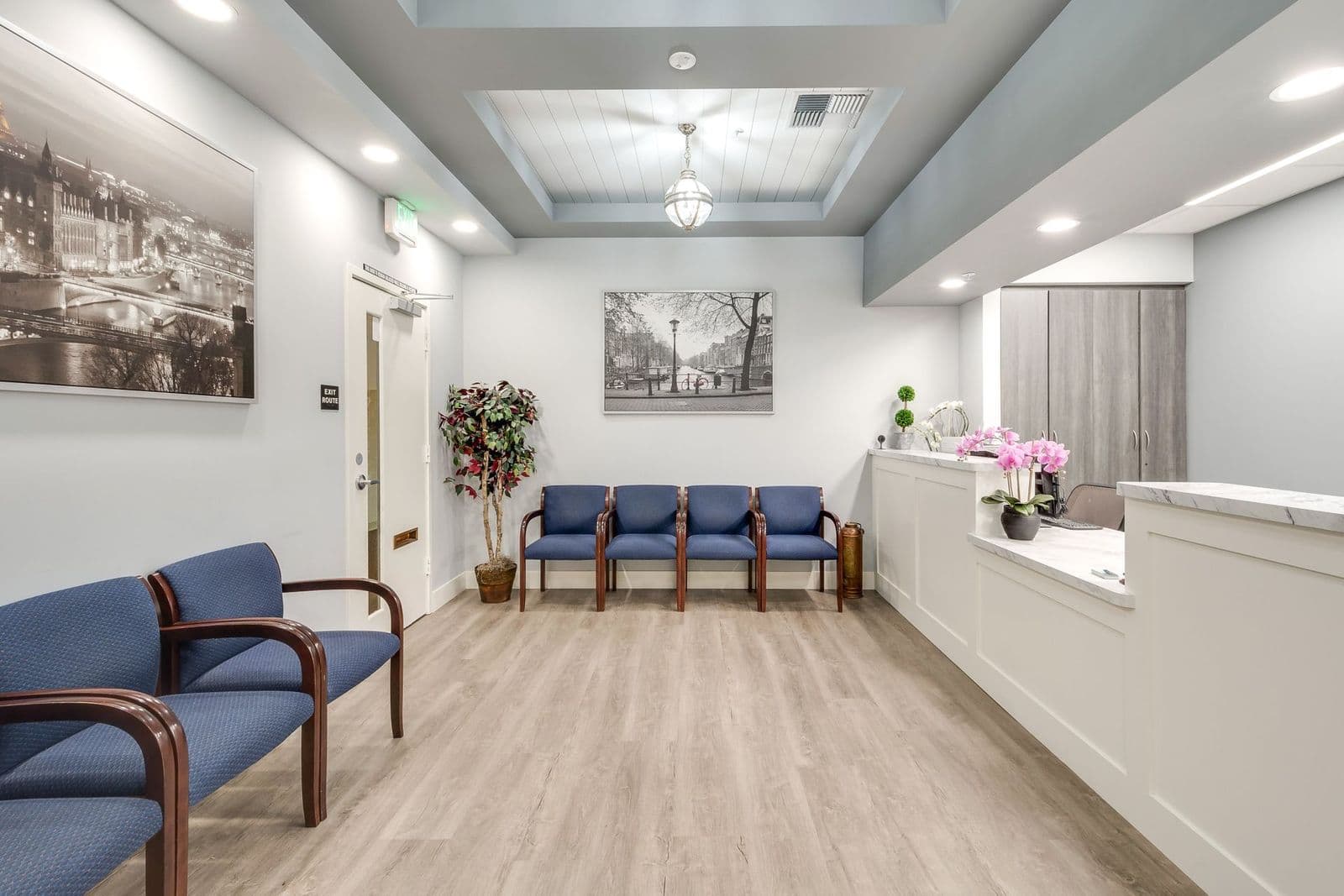 Patient waiting room with wood-look plank flooring